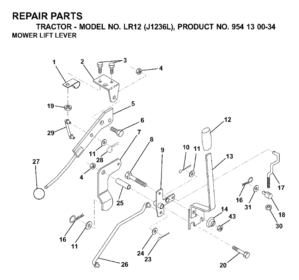 Mower Lift Lever Diagram and Parts List for LR12 (954130034)(2000-03) Jonsered Lawn Tractor