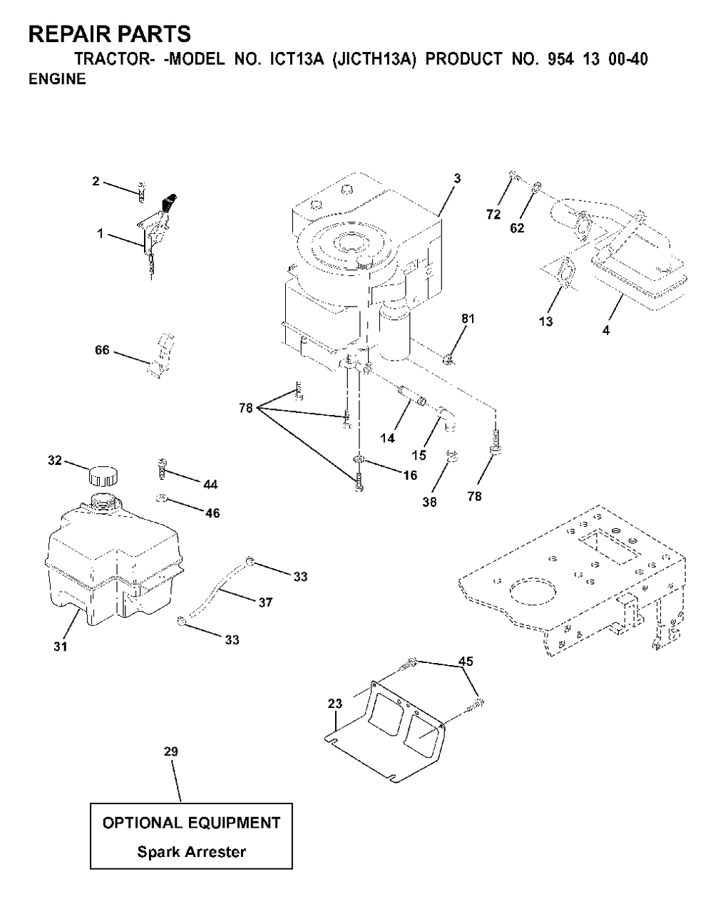 Engine Cutting Equipment Diagram and Parts List for ICT13A (954130040)(2000-02) Jonsered Lawn Tractor