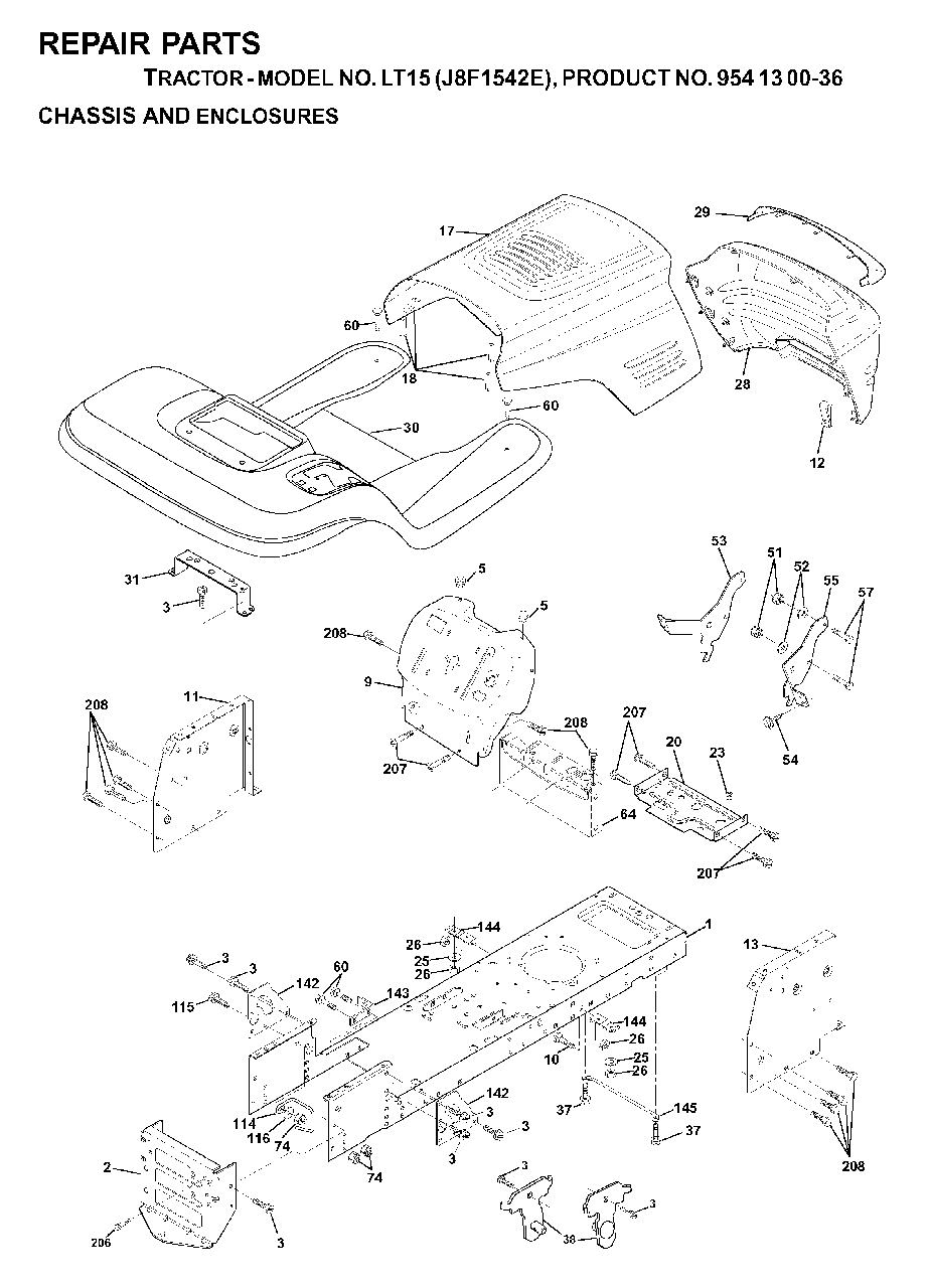Chassis Enclosures Diagram and Parts List for LT15 (954130036)(2000-03) Jonsered Lawn Tractor