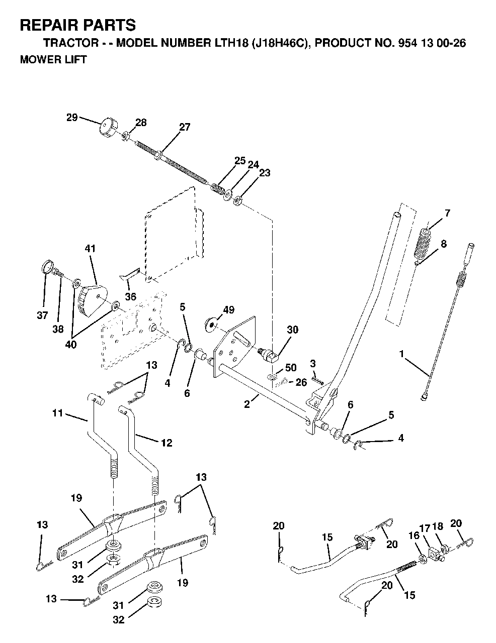 Mower Lift / Deck Lift Diagram and Parts List for LTH18 (954130026)(1998-12) Jonsered Lawn Tractor