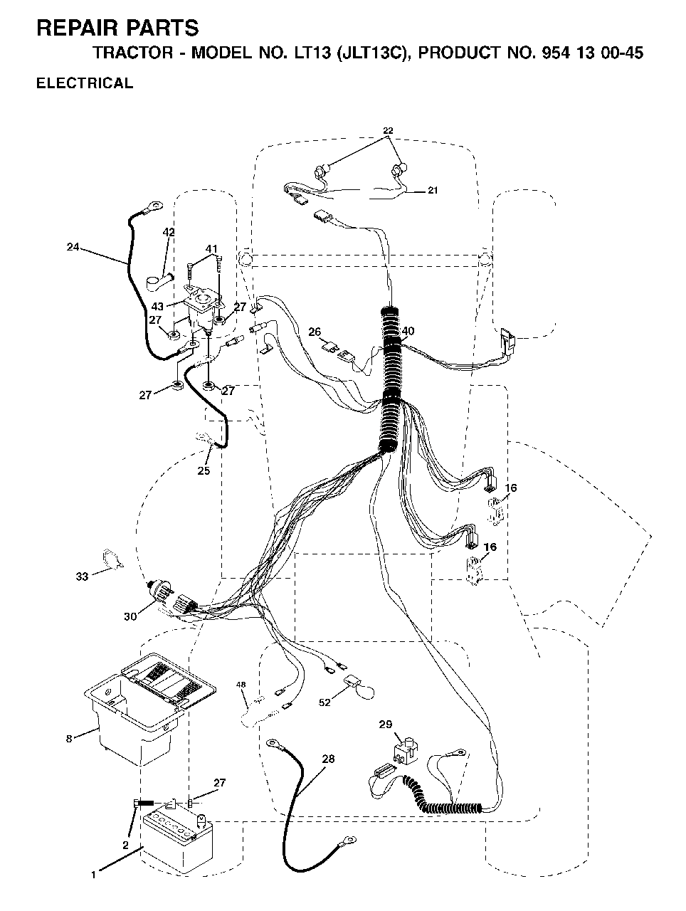 Electrical Diagram and Parts List for LT13 (954130045)(2001-09) Jonsered Lawn Tractor
