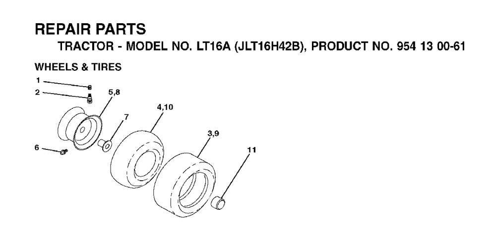 Wheels Tires Diagram and Parts List for LT16A (954130061)(2002-03) Jonsered Lawn Tractor