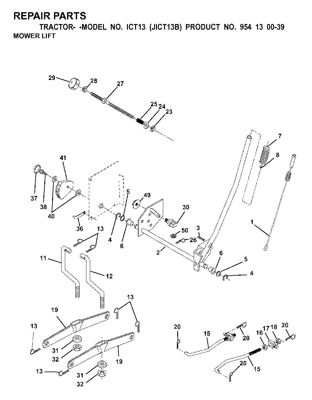 Mower Lift / Deck Lift Diagram and Parts List for ICT13 (954130039)(2000-02) Jonsered Lawn Tractor