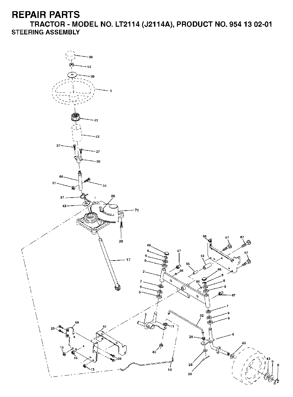 Steering Diagram and Parts List for LT2114 (954130201)(2003-01) Jonsered Lawn Tractor