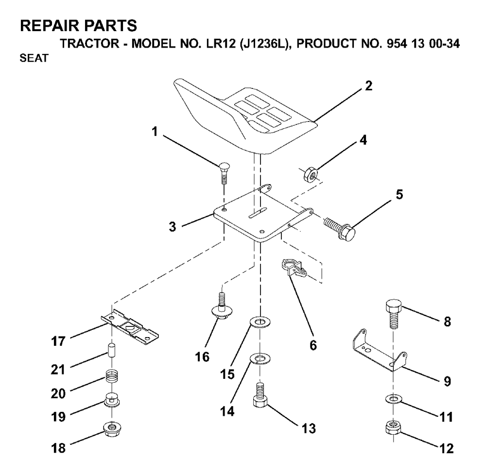 Seat Diagram and Parts List for LR12 (954130034)(2000-03) Jonsered Lawn Tractor