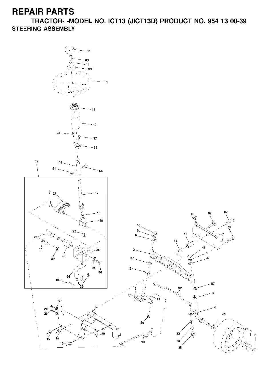 Steering Diagram and Parts List for ICT13 (954130039)(2001-01) Jonsered Lawn Tractor