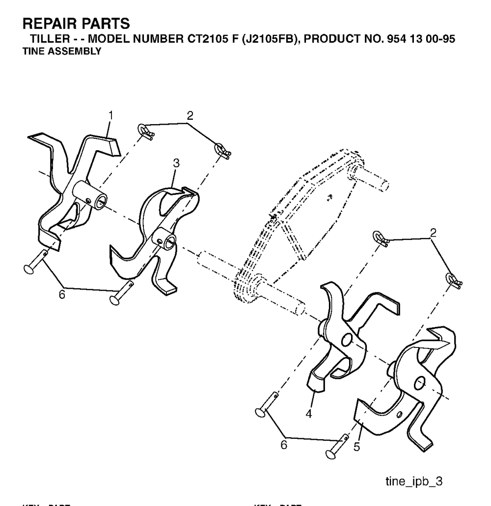 Tine Assembly Diagram and Parts List for CT2105F (954130095)(2004-01) Jonsered Tiller