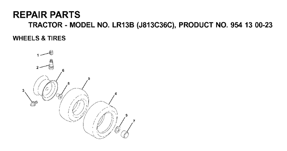 Wheels Tires Diagram and Parts List for LR13B (954130023)(2000-03) Jonsered Lawn Tractor