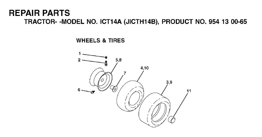 Wheels Tires Diagram and Parts List for ICT14A (954130065-B)(2002-02) Jonsered Lawn Tractor