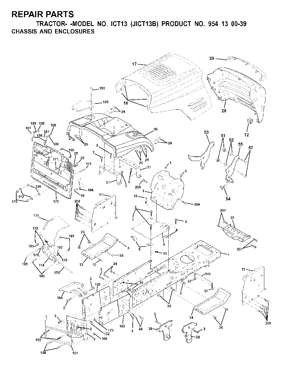 Chassis Enclosures Diagram and Parts List for ICT13 (954130039)(2000-02) Jonsered Lawn Tractor