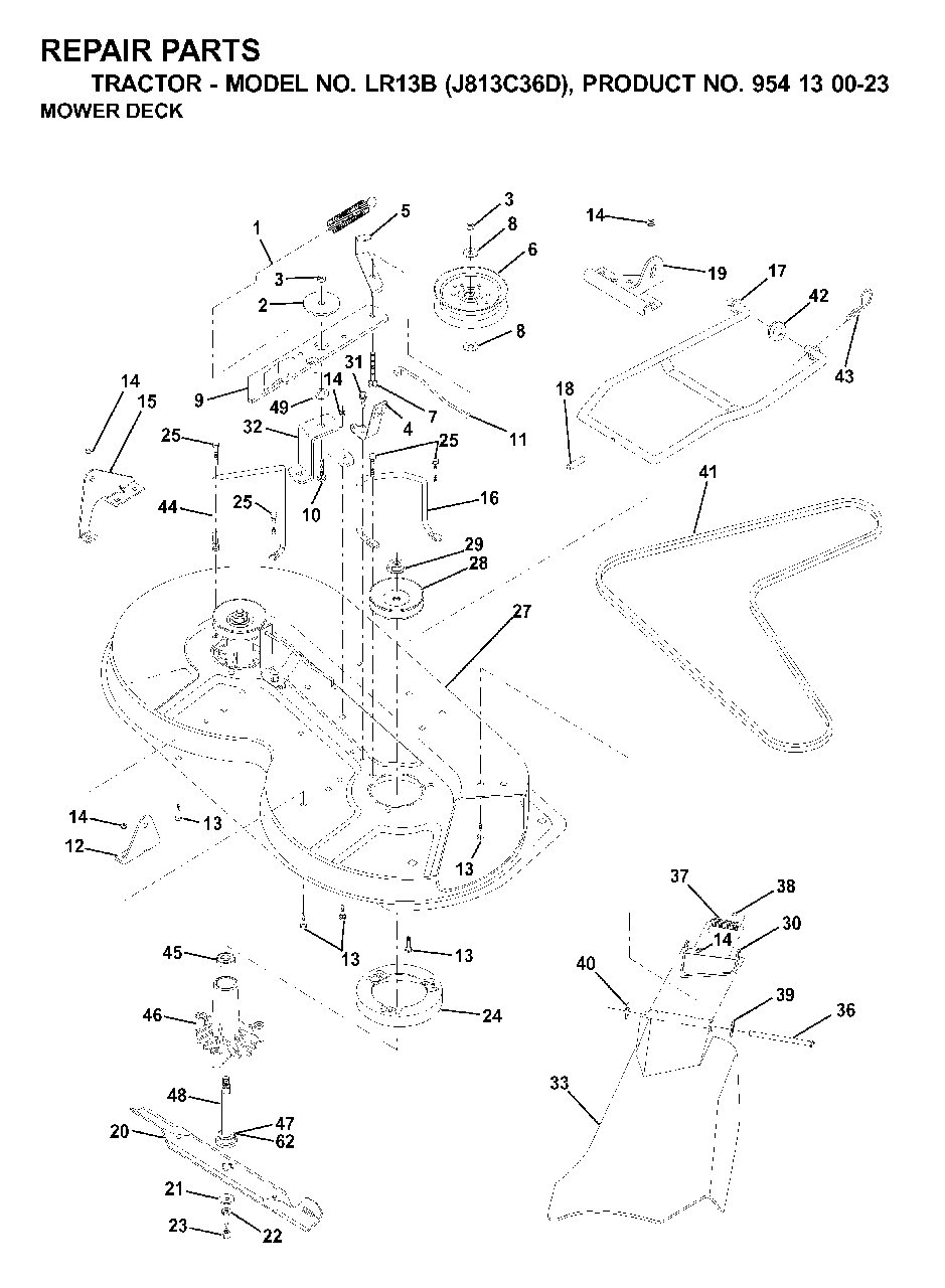 Mower Deck / Cutting Deck Diagram and Parts List for LR13B (954130023)(2000-04) Jonsered Lawn Tractor
