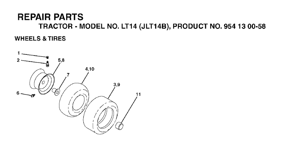 Wheels Tires Diagram and Parts List for LT14 (954130058)(2003-01) Jonsered Lawn Tractor