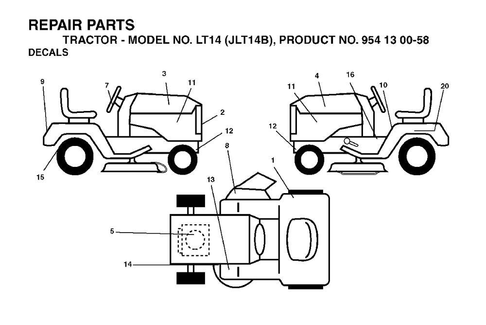 Decals Diagram and Parts List for LT14 (954130058)(2003-01) Jonsered Lawn Tractor