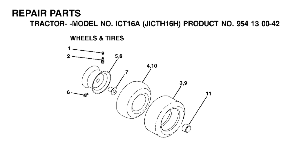 Wheels Tires Diagram and Parts List for ICT16A (954130042-H)(2002-01) Jonsered Lawn Tractor