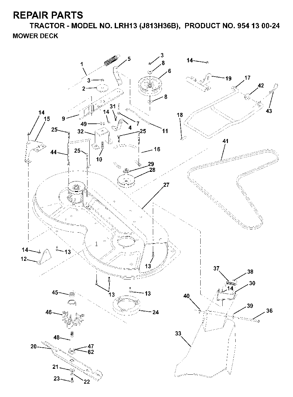 Mower Deck / Cutting Deck Diagram and Parts List for LRH13 (954130024)(1998-12) Jonsered Lawn Tractor