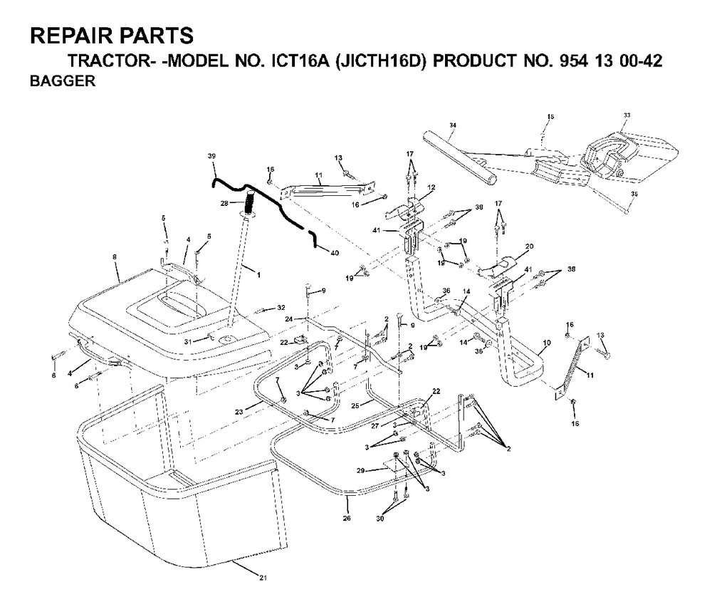 Bagger Diagram and Parts List for ICT16A (954130042-D)(2000-04) Jonsered Lawn Tractor