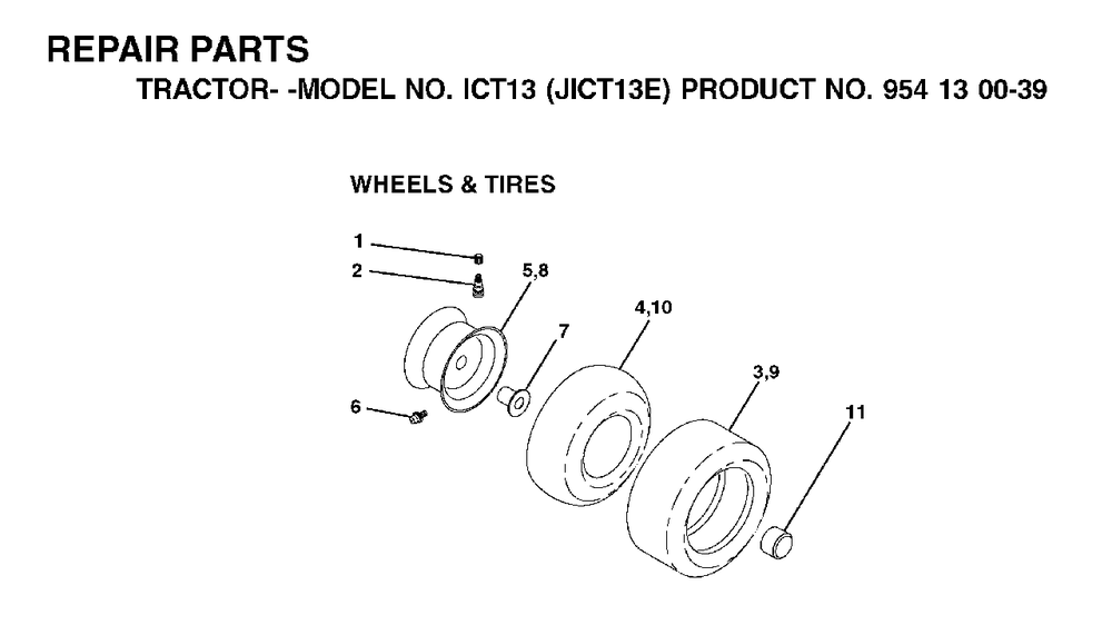 Wheels Tires Diagram and Parts List for ICT13 (954130039)(2001-09) Jonsered Lawn Tractor