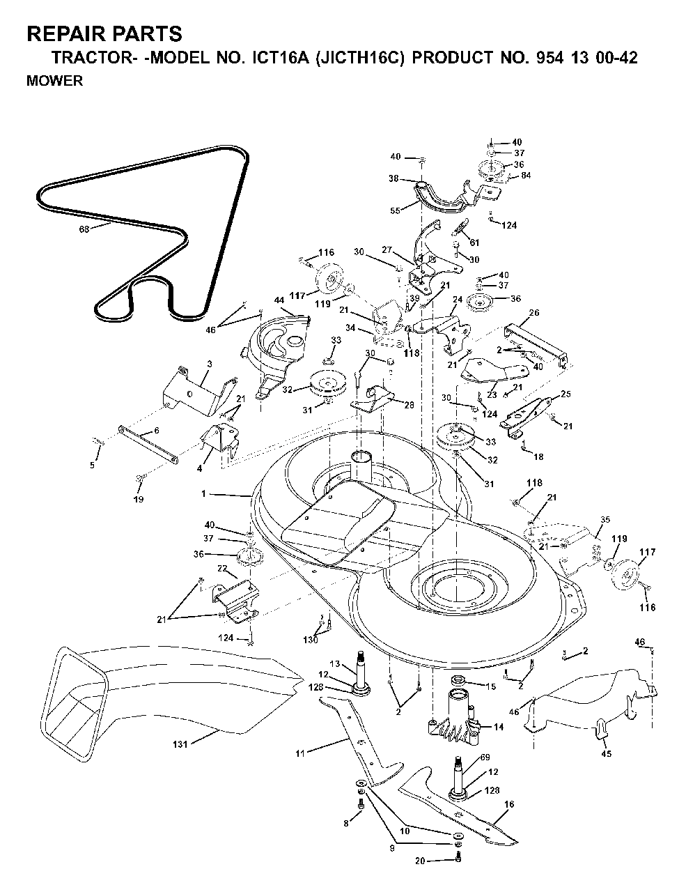 Mower Deck / Cutting Deck Diagram and Parts List for ICT16A (954130042)(2000-02) Jonsered Lawn Tractor