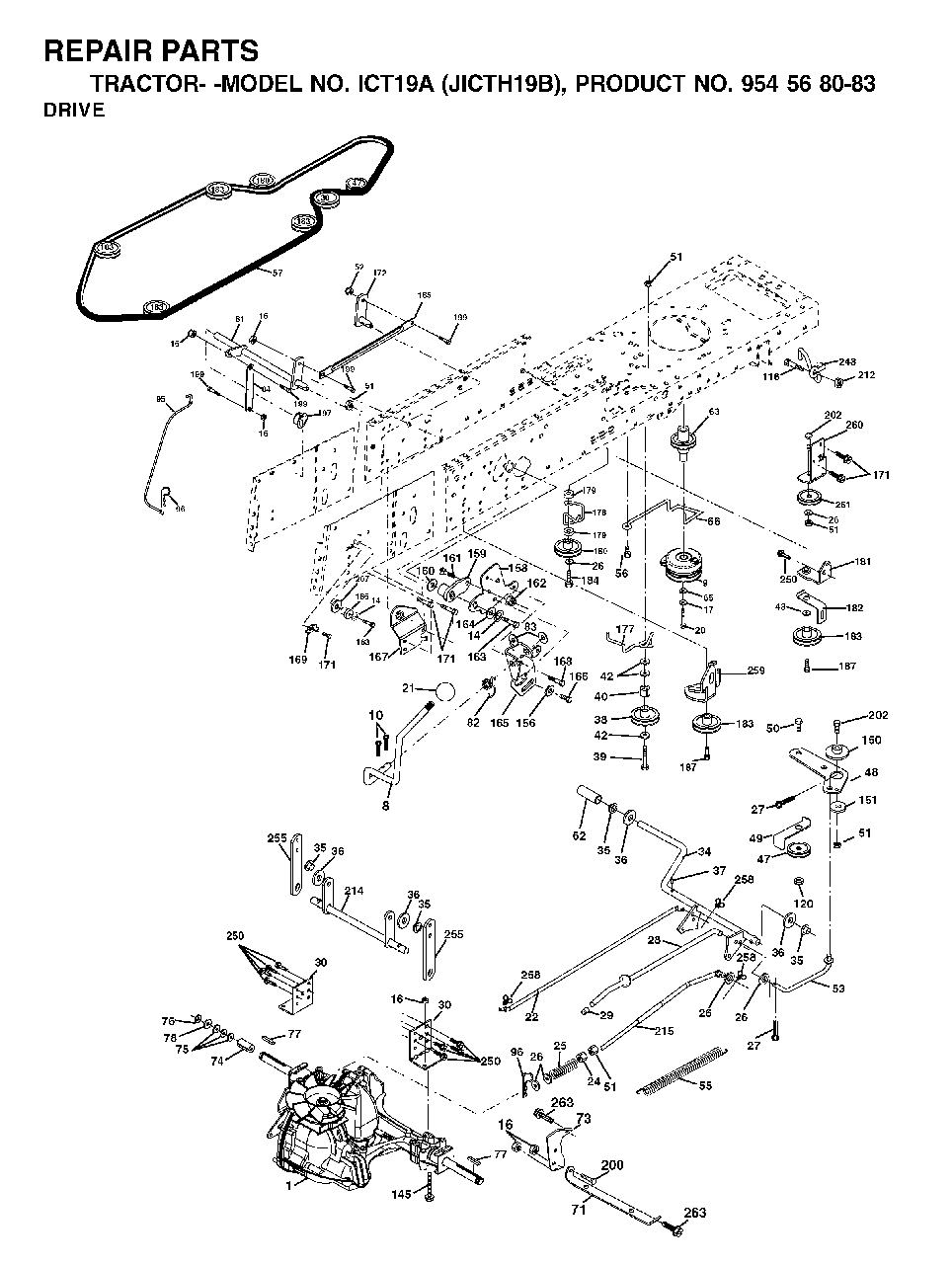 Drive Diagram and Parts List for ICT19A (954568083)(2002-03) Jonsered Lawn Tractor