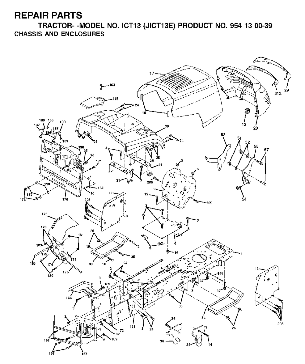 Chassis Enclosures Diagram and Parts List for ICT13 (954130039)(2001-09) Jonsered Lawn Tractor
