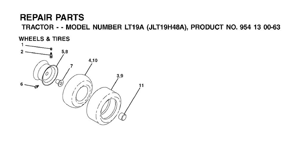 Wheels Tires Diagram and Parts List for LT19A (954130063)(2002-02) Jonsered Lawn Tractor
