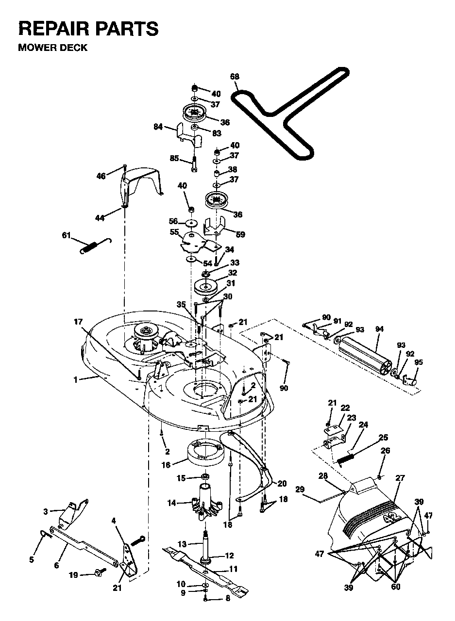 Mower Deck / Cutting Deck Diagram and Parts List for YTH16 1995-01 Jonsered Lawn Tractor