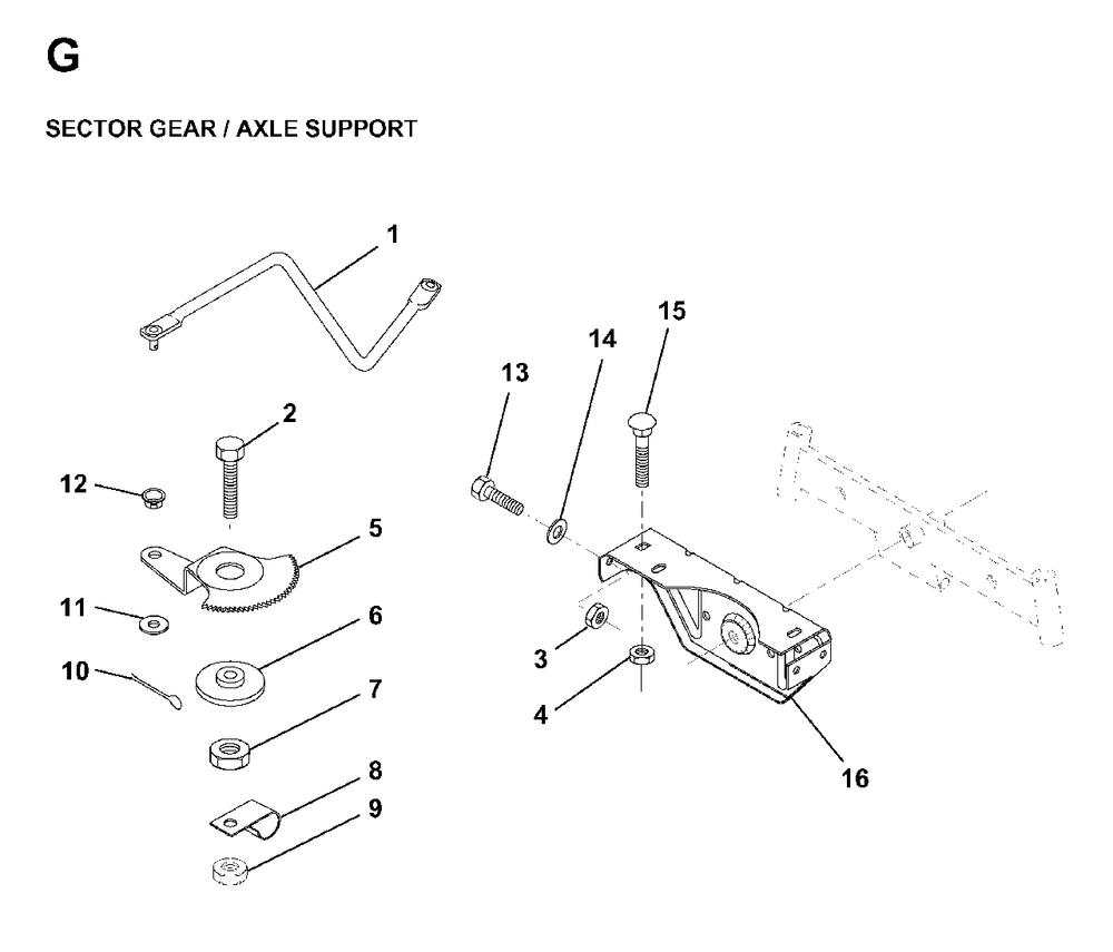 Sector Gear / Axle Support Diagram and Parts List for LR11 1998-01 Jonsered Lawn Tractor