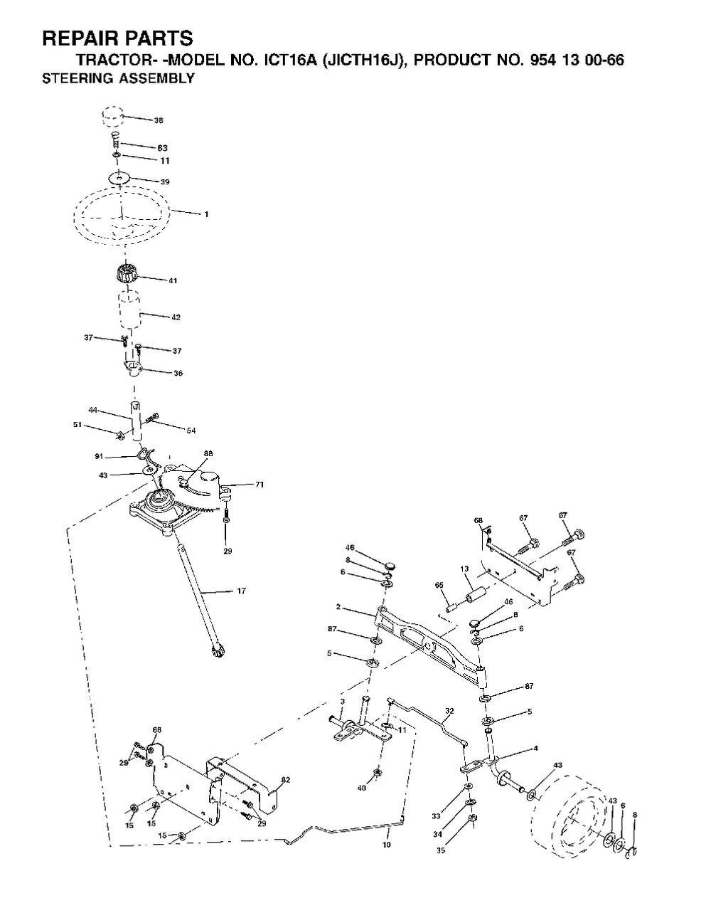 Steering Diagram and Parts List for ICT16A (954130066-J)(2002-06) Jonsered Lawn Tractor