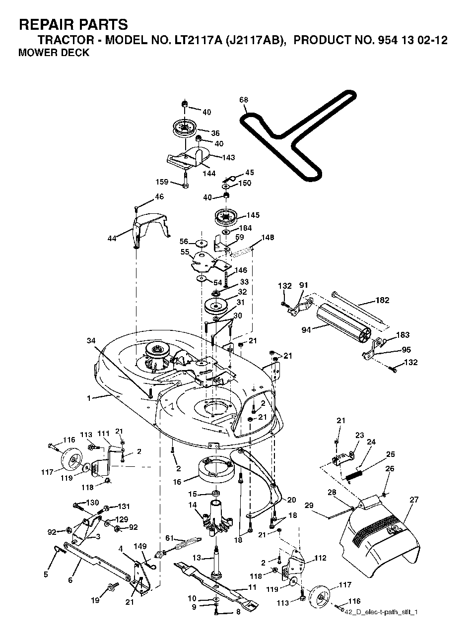 Mower Deck / Cutting Deck Diagram and Parts List for LT2117A (954130212)(2004-01) Jonsered Lawn Tractor