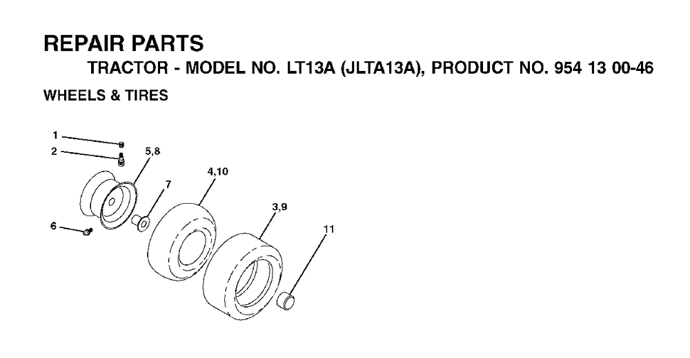 Wheels Tires Diagram and Parts List for LT13A (954130046)(2001-01) Jonsered Lawn Tractor