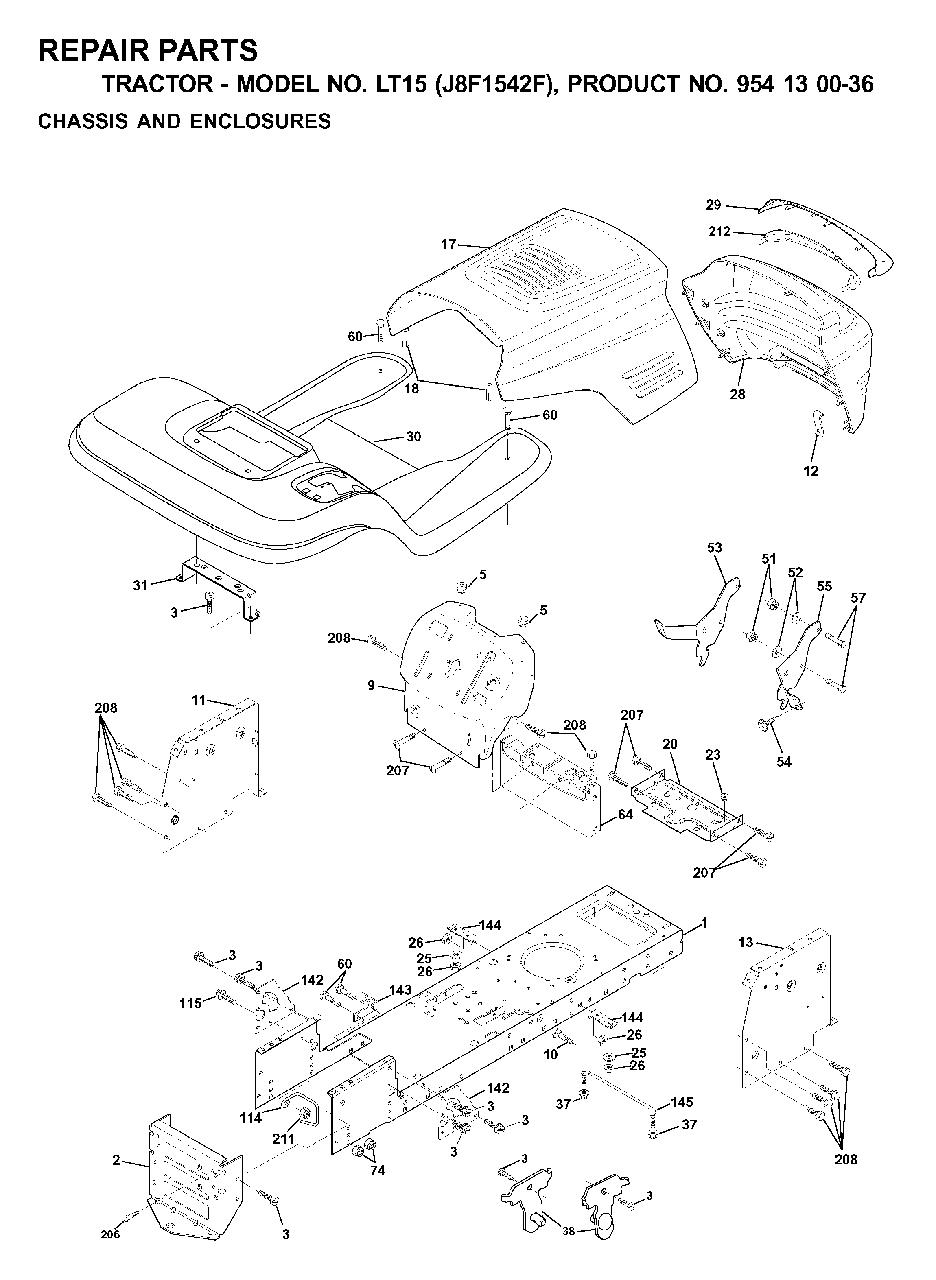 Chassis Enclosures Diagram and Parts List for LT15 (954130036)(2000-04) Jonsered Lawn Tractor
