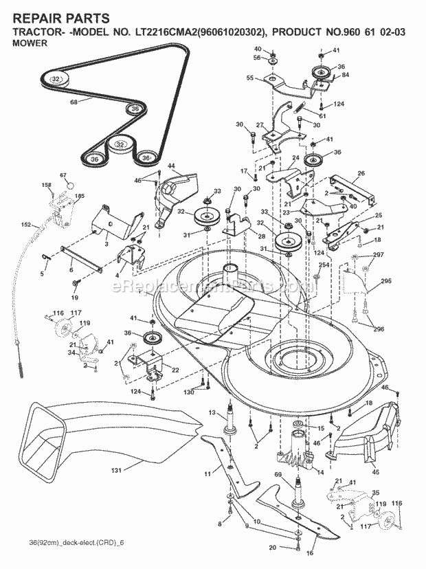 Mower Deck / Cutting Deck Diagram and Parts List for LT2216CMA2 (960610203-96061020302)(2008-01) Jonsered Lawn Tractor