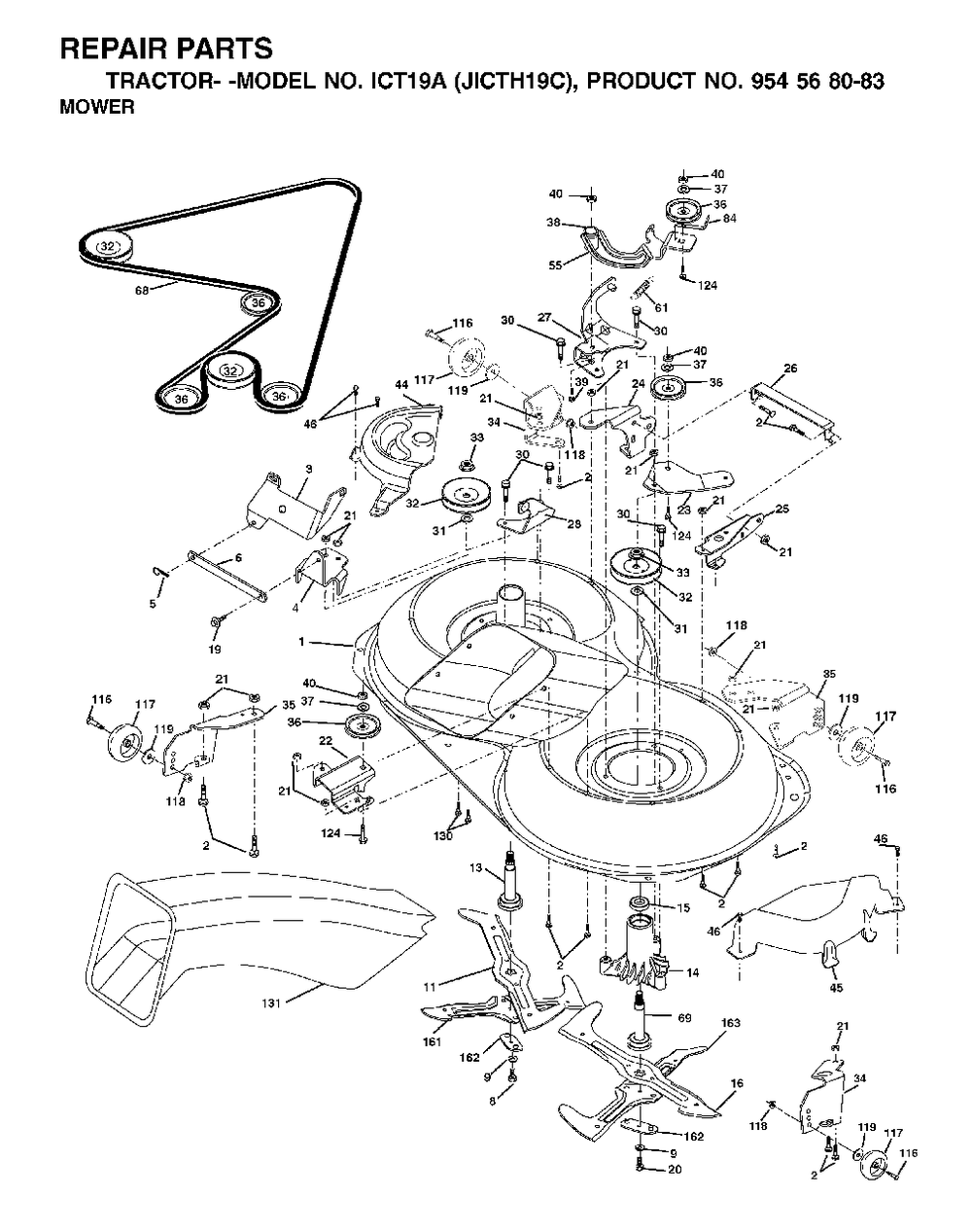 Mower Deck / Cutting Deck Diagram and Parts List for ICT19A (954568083)(2002-06) Jonsered Lawn Tractor