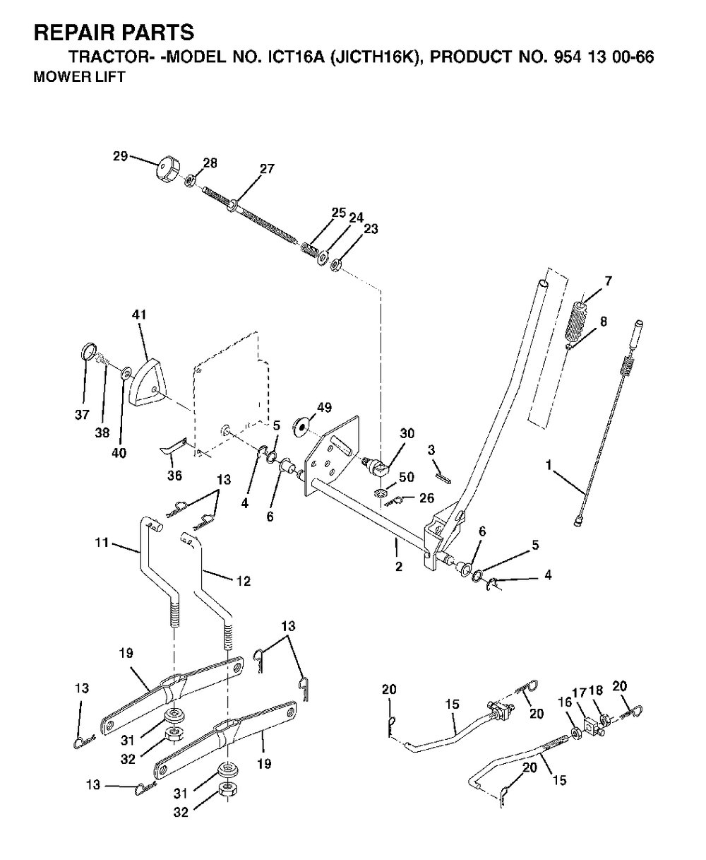 Mower Lift / Deck Lift Diagram and Parts List for ICT16A (954130066-K)(2002-06) Jonsered Lawn Tractor