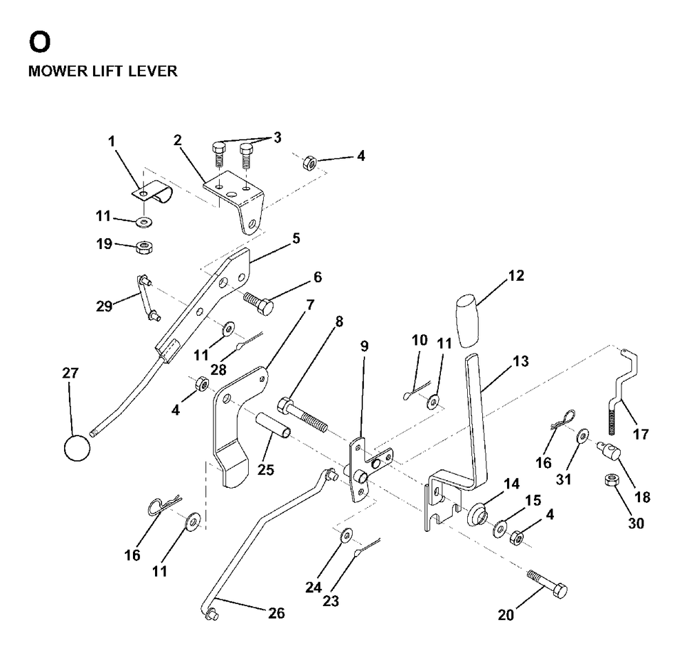 Mower Lift Lever Diagram and Parts List for LR12 1998-04 Jonsered Lawn Tractor