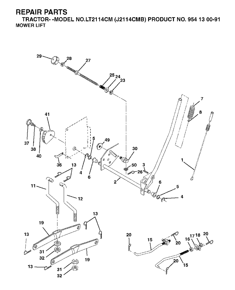 Mower Lift / Deck Lift Diagram and Parts List for LT2114CM (954130091)(2003-05) Jonsered Lawn Tractor