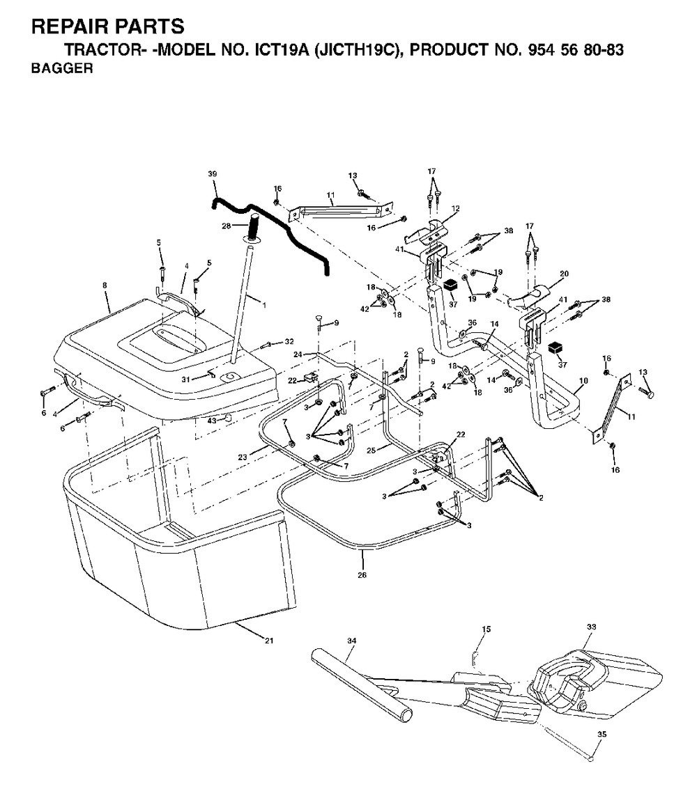 Bagger Diagram and Parts List for ICT19A (954568083)(2002-06) Jonsered Lawn Tractor