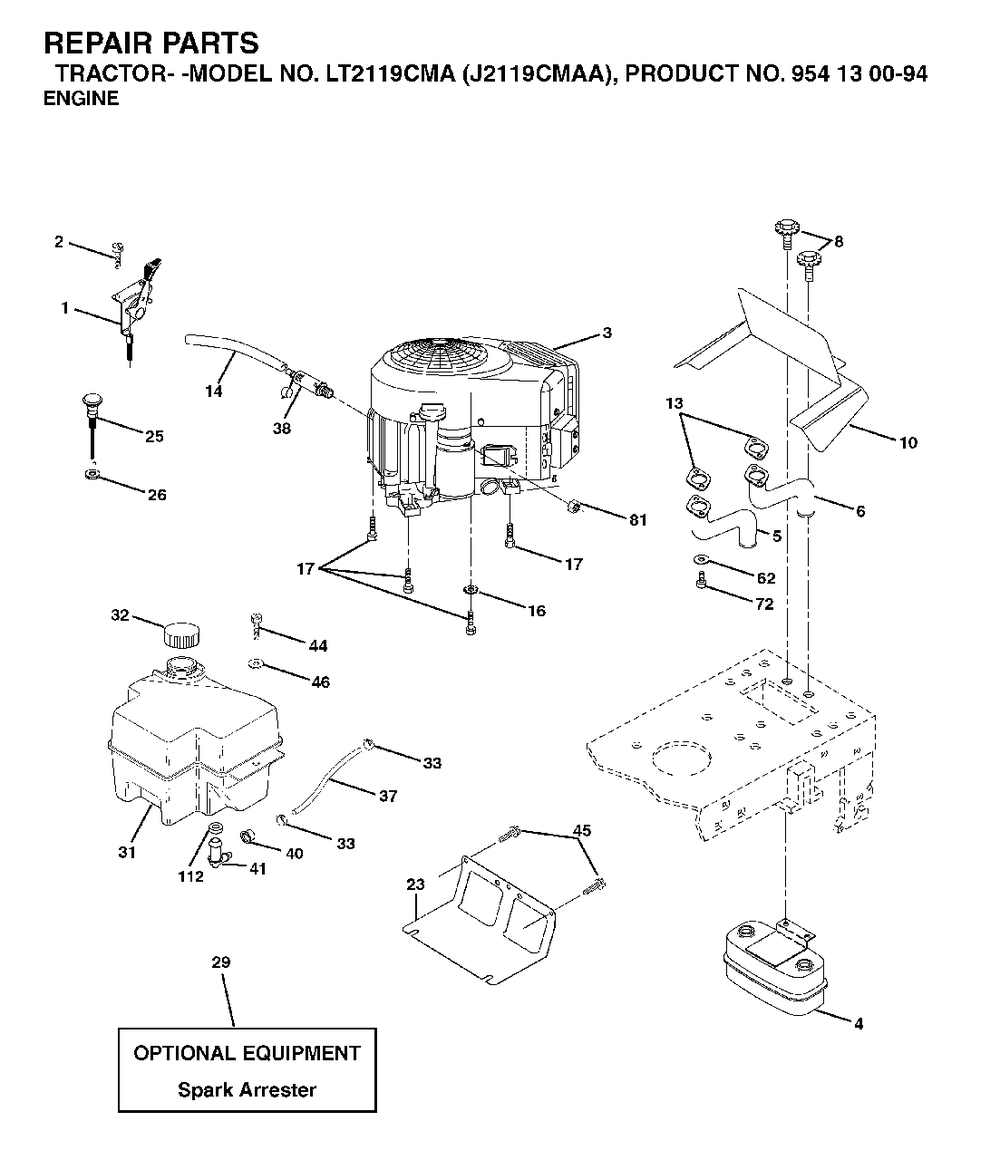 Engine Diagram and Parts List for LT2119CMA (954130094)(2003-01) Jonsered Lawn Tractor