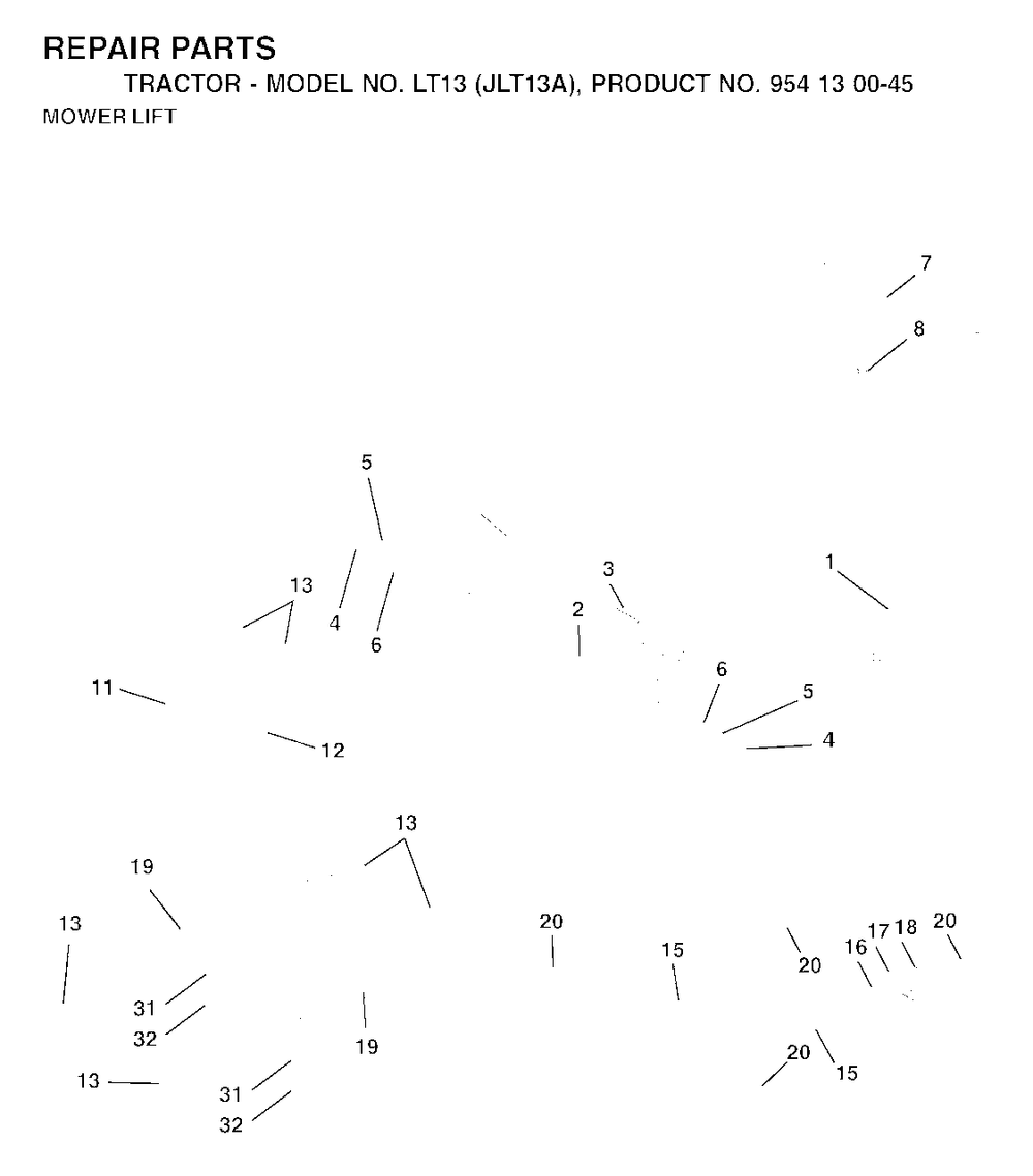 Mower Lift / Deck Lift Diagram and Parts List for LT13 (954130045)(2001-01) Jonsered Lawn Tractor