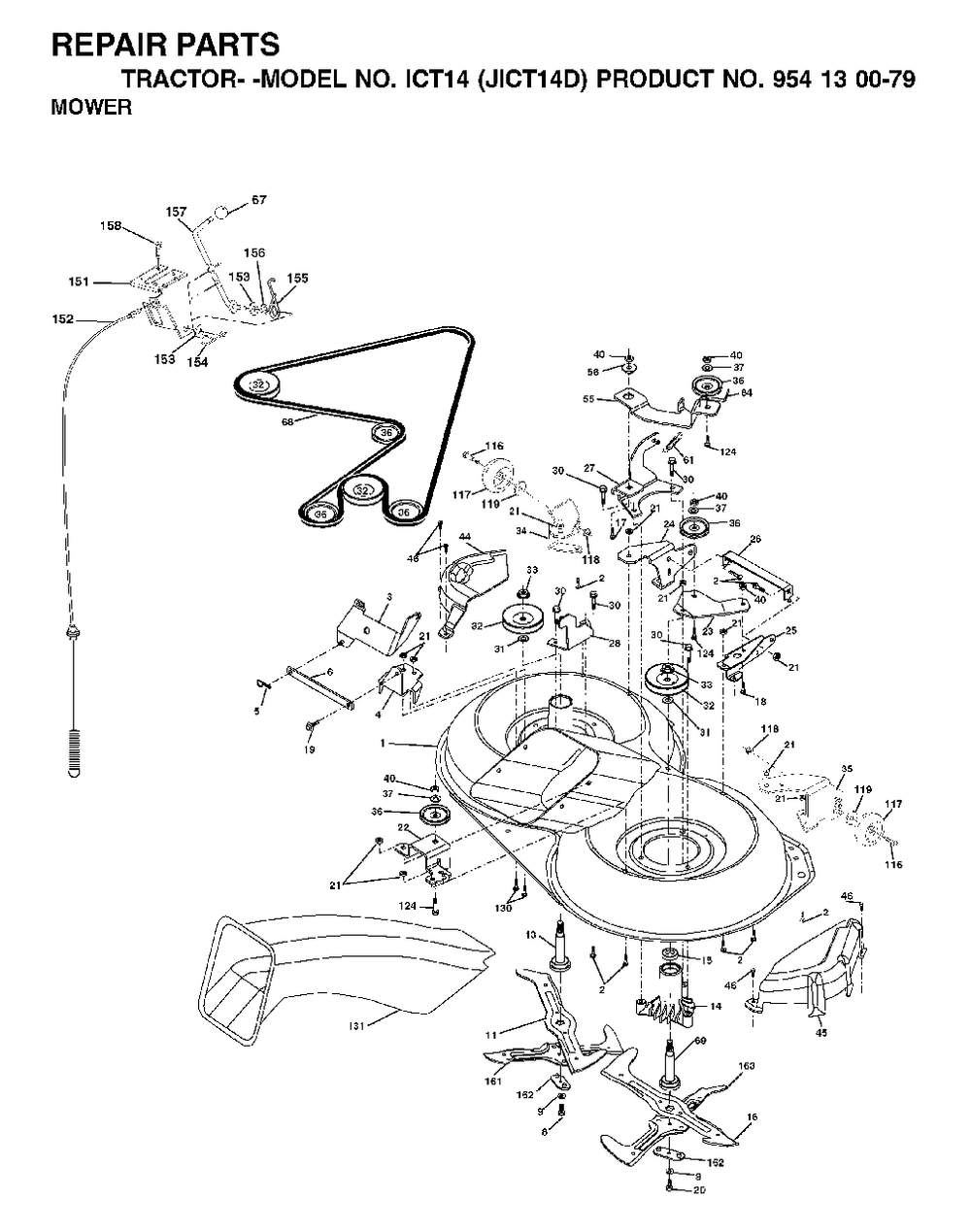 Mower Deck / Cutting Deck Diagram and Parts List for ICT14 (954130079-D)(2002-06) Jonsered Lawn Tractor