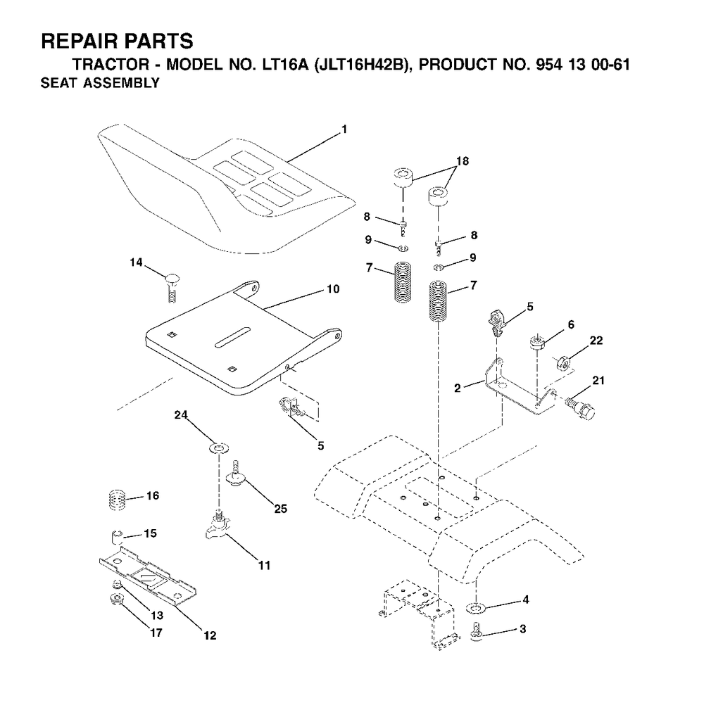 Seat Diagram and Parts List for LT16A (954130061)(2002-03) Jonsered Lawn Tractor