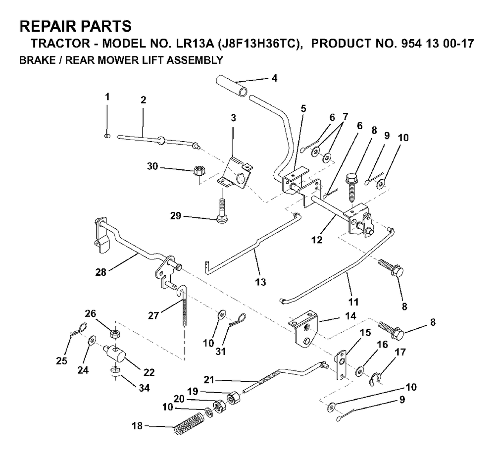 Brake / Rear Mower Lift Diagram and Parts List for LR13A (954130017)(2000-02) Jonsered Lawn Tractor