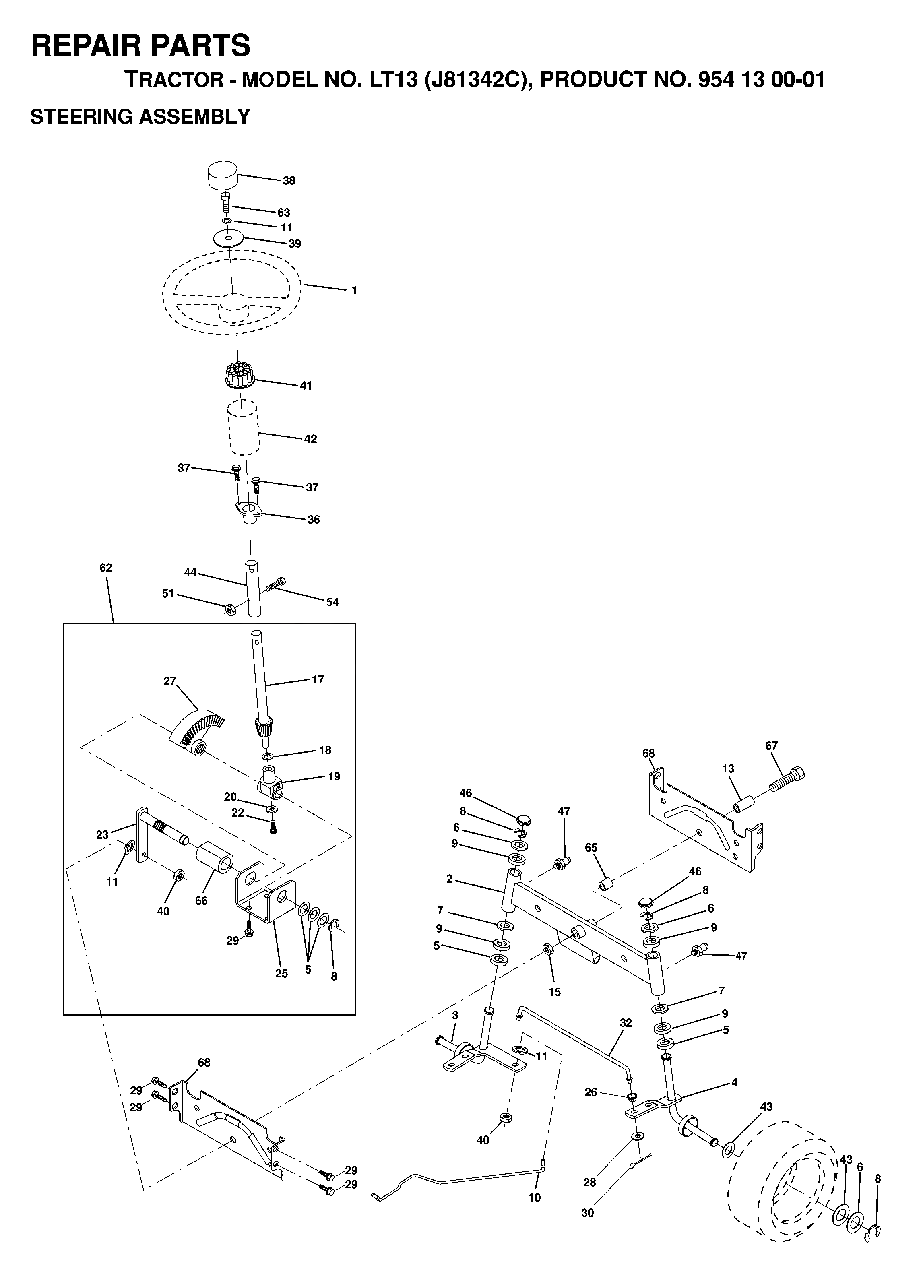 Steering Diagram and Parts List for LT13 (954130001)(1998-12) Jonsered Lawn Tractor