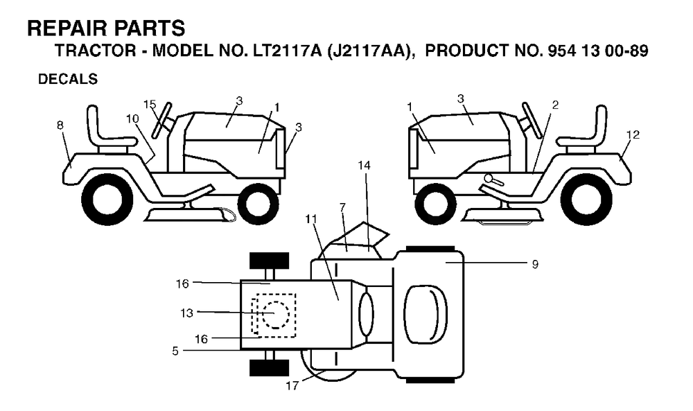 Decals Diagram and Parts List for LT2117A (954130089)(2003-01) Jonsered Lawn Tractor