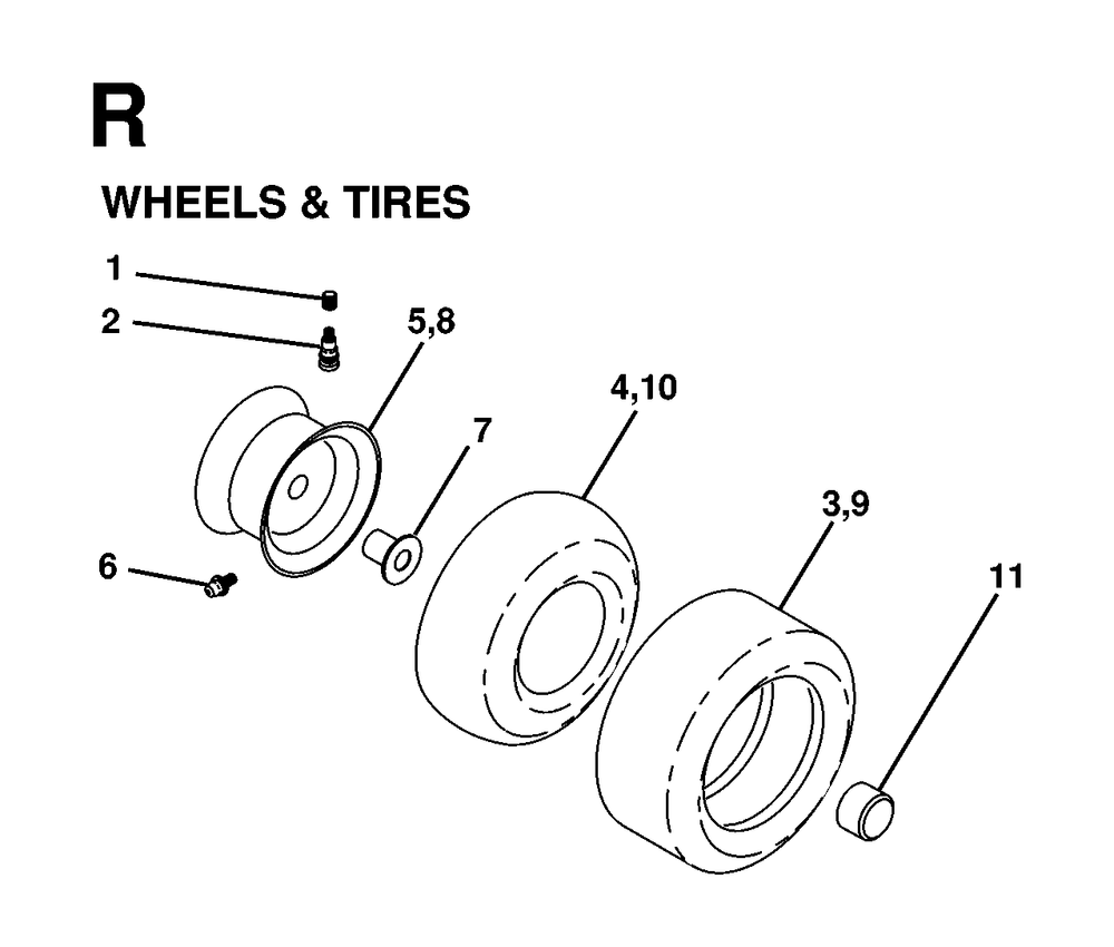 Wheels Tires Diagram and Parts List for LTH16 1998-01 Jonsered Lawn Tractor