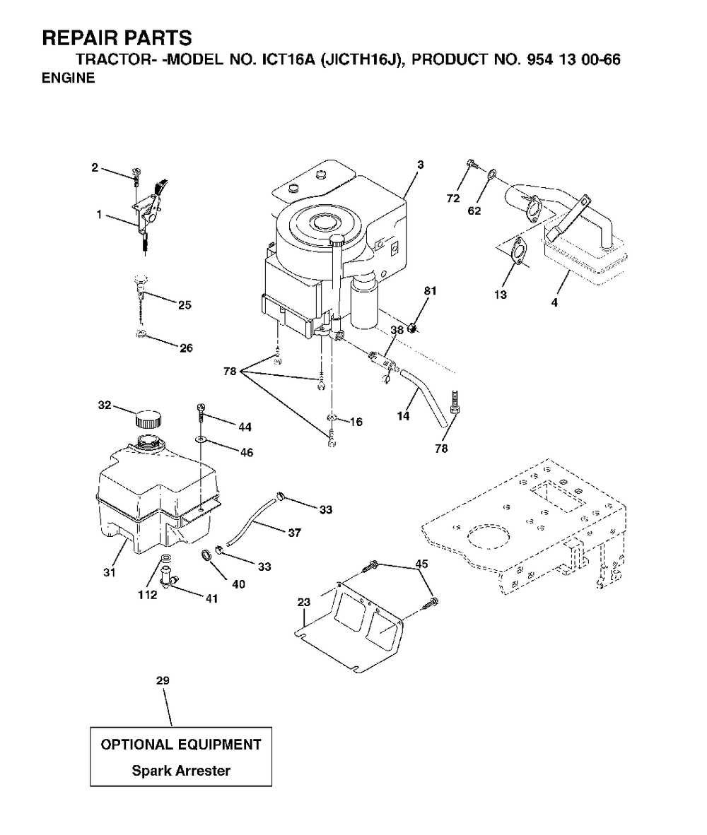 Engine Diagram and Parts List for ICT16A (954130066-J)(2002-06) Jonsered Lawn Tractor