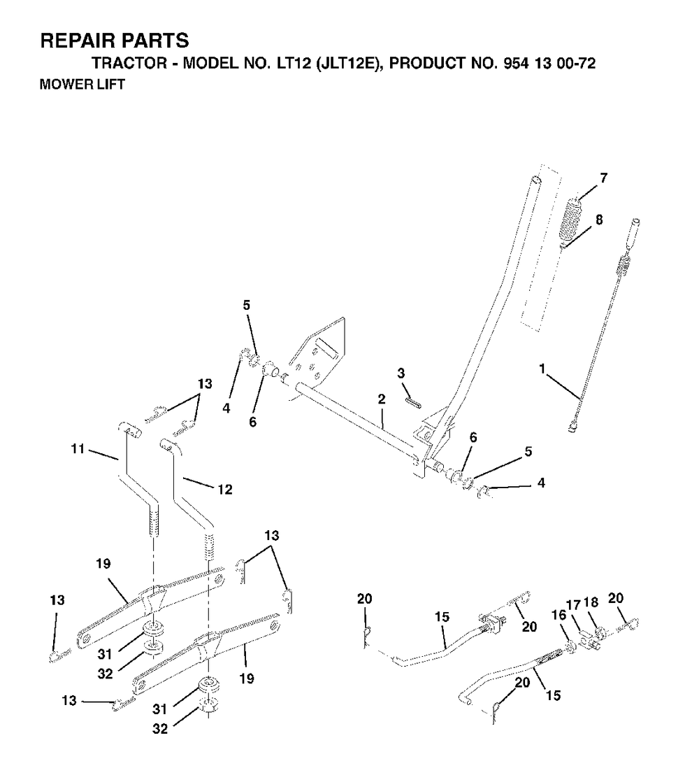 Mower Lift / Deck Lift Diagram and Parts List for LT12 (954130072)(2002-06) Jonsered Lawn Tractor