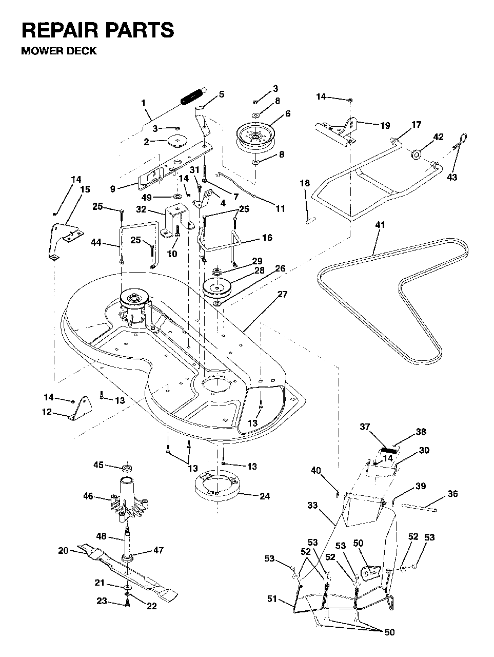 Mower Deck / Cutting Deck Diagram and Parts List for LRH13 1995-01 Jonsered Lawn Tractor
