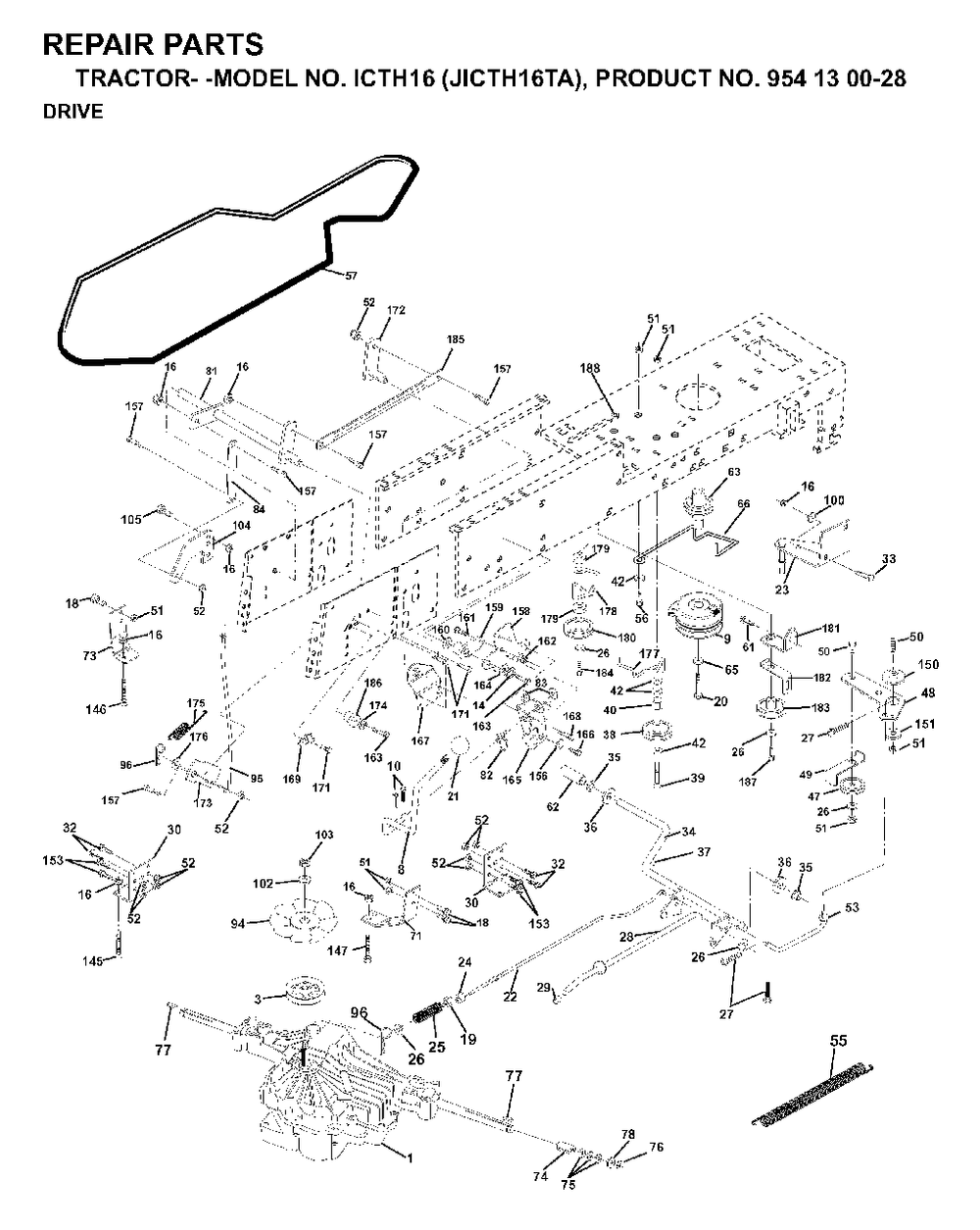 Drive Diagram and Parts List for ICTH16 (954130028)(1999-03) Jonsered Lawn Tractor