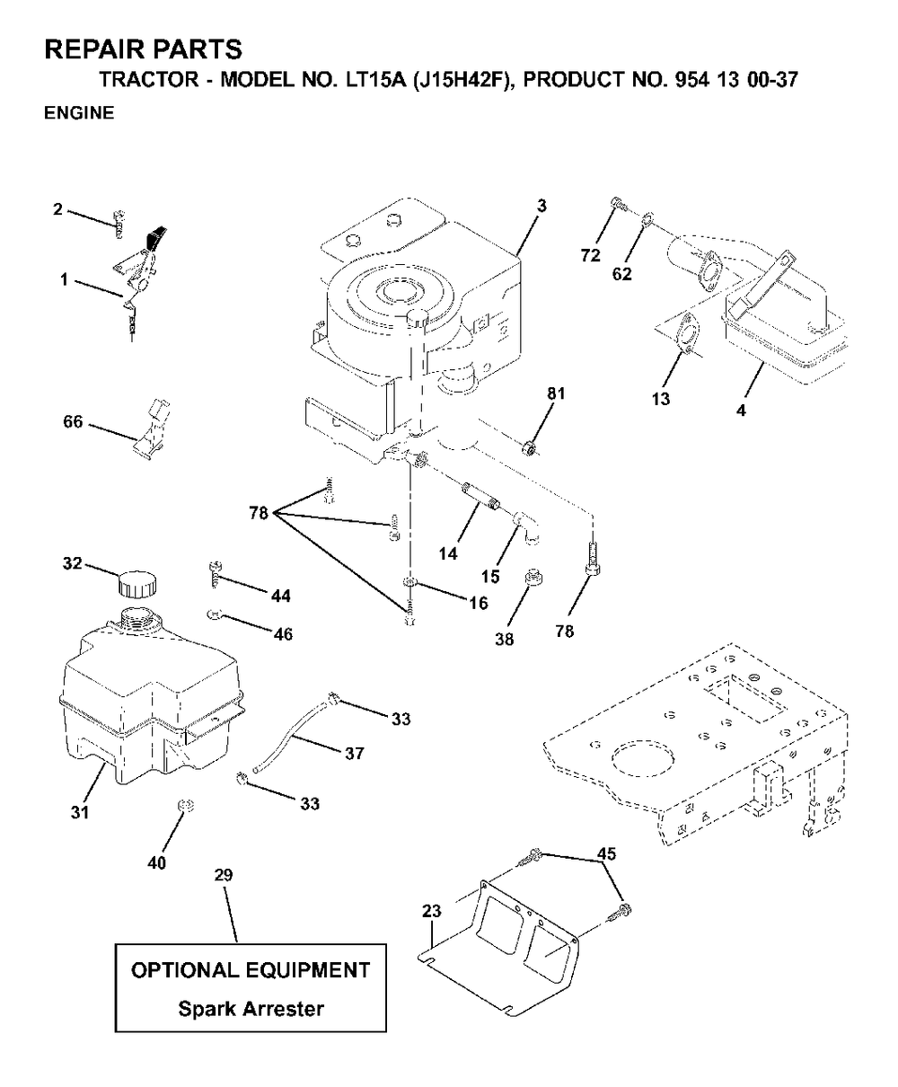 Engine Cutting Equipment Diagram and Parts List for LT15A (954130037-F)(2000-04) Jonsered Lawn Tractor